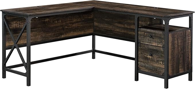 Sauder Steel River L-Shaped Desk, L: 59.84" x W: 57.32" x H: 29.53", Carbon Oak Finish - LeafyLoom