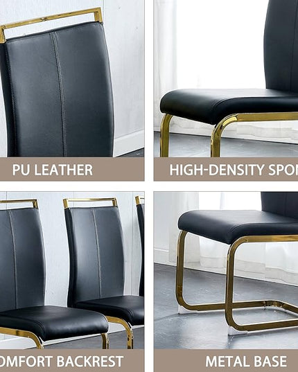 Modern Dining Chairs Set of 2, Side Dining Room Chairs with Golden Legs, Kitchen Chairs with Faux Leather Padded Seat High Back, Chairs for Dining Room,Kitchen, Living Room Black - LeafyLoom