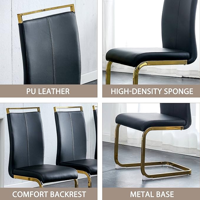 Modern Dining Chairs Set of 2, Side Dining Room Chairs with Golden Legs, Kitchen Chairs with Faux Leather Padded Seat High Back, Chairs for Dining Room,Kitchen, Living Room Black - LeafyLoom