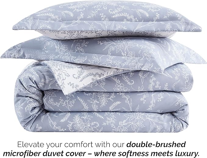 Southshore Fine Living, Inc. Full/Queen Comforter Set, Down Alternative Floral Comforter with Matching Shams, Reversible Print is 2 Colors in 1, Fits Queen & Full Beds, Winter Brush Blue/White - LeafyLoom