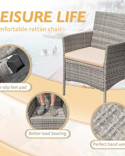 Greesum 3 Pieces Patio Furniture Sets Outdoor PE Rattan Wicker Chairs with Soft Cushion and Glass Coffee Table for Garden Backyard Porch Poolside, Gray and Beige - LeafyLoom
