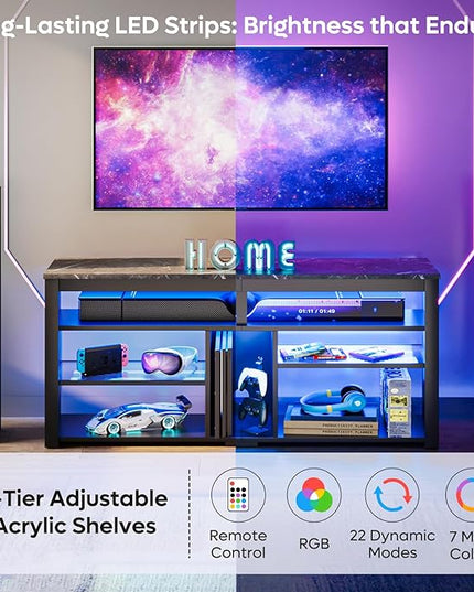 Bestier LED Tall Entertainment Center, 55 inch TV Stand for 55/60/65 inch TV, Gaming TV Cabinet with Storage for PS5, Adjustable Shelf Media TV Console for Living Room Bedroom, Black Marble - LeafyLoom