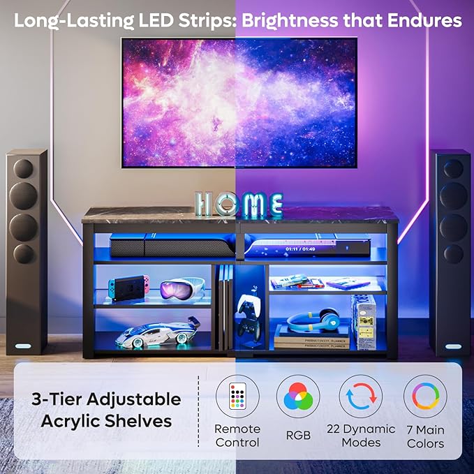 Bestier LED Tall Entertainment Center, 55 inch TV Stand for 55/60/65 inch TV, Gaming TV Cabinet with Storage for PS5, Adjustable Shelf Media TV Console for Living Room Bedroom, Black Marble - LeafyLoom