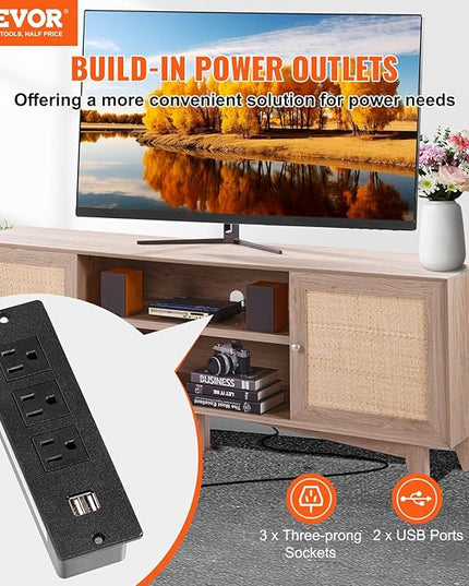 VEVOR Rattan TV Stand, Mid Century Modern TV Stand for 75 inch TV, Boho Rattan TV Cabinet with Build-in Socket and USB Ports, Adjustable Shelfs for Living Room, Media Room, Oak - LeafyLoom