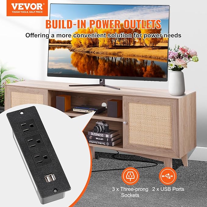 VEVOR Rattan TV Stand, Mid Century Modern TV Stand for 75 inch TV, Boho Rattan TV Cabinet with Build-in Socket and USB Ports, Adjustable Shelfs for Living Room, Media Room, Oak - LeafyLoom