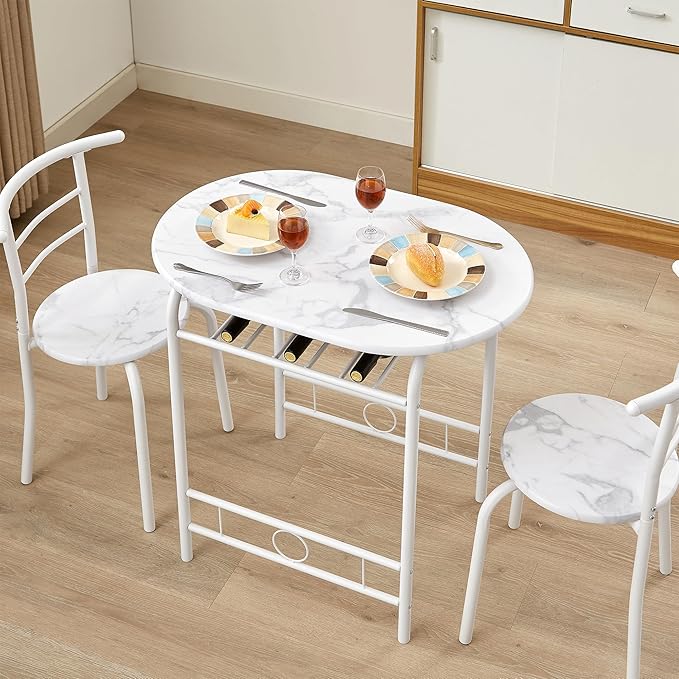 VECELO 3-Piece Dining Table Set for Kitchen Breakfast Nook, Faux Marbled Oval Tabletop and Metal Frame with Built-in Wine Rack, for Small Spaces, 31.5", White - LeafyLoom