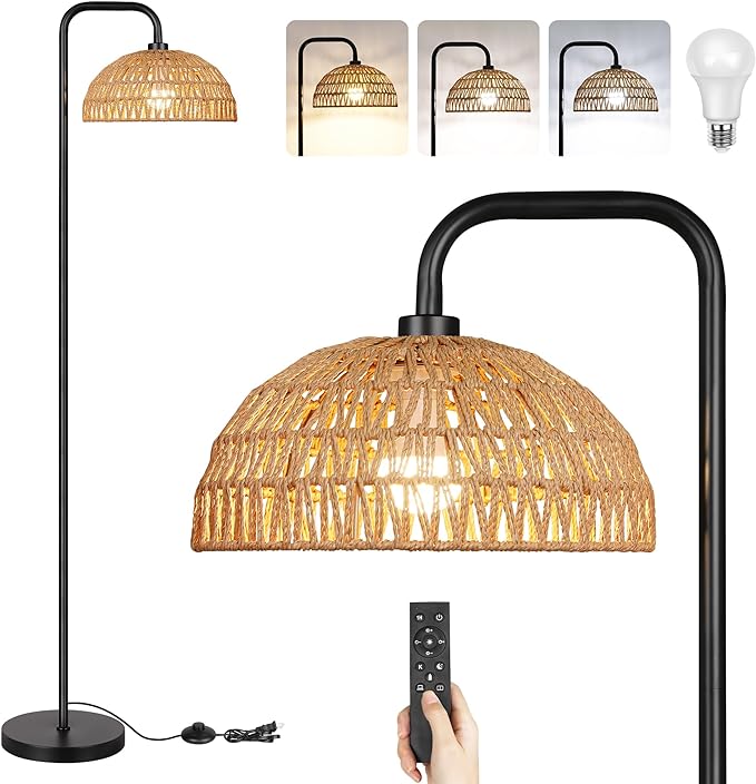 PARTPHONER Rattan Floor Lamp, 68'Standing Lamp for Living Room with 3 Color Temperatures Adjustable Tall Reading Lamp for Bedroom Office, Bulb Include - LeafyLoom