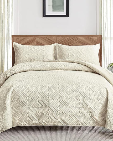 WONGS BEDDING Beige Comforter Set Queen Size(90"×90"), Reversible Boho Geometric Textured Bedding Comforter Sets - 3 Pieces Soft Microfiber Ultrasonic Bedding with 2 Pillowcases - LeafyLoom