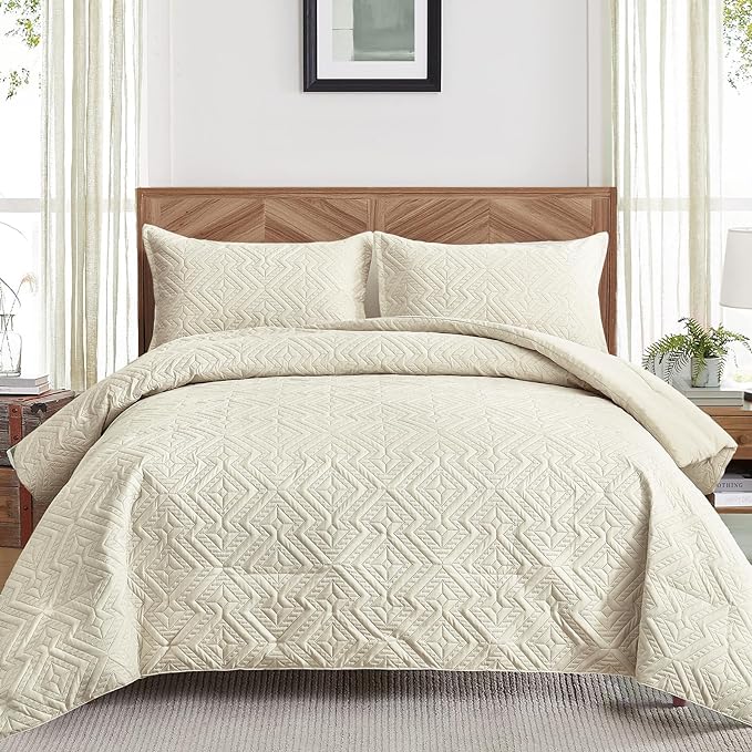 WONGS BEDDING Beige Comforter Set Queen Size(90"×90"), Reversible Boho Geometric Textured Bedding Comforter Sets - 3 Pieces Soft Microfiber Ultrasonic Bedding with 2 Pillowcases - LeafyLoom
