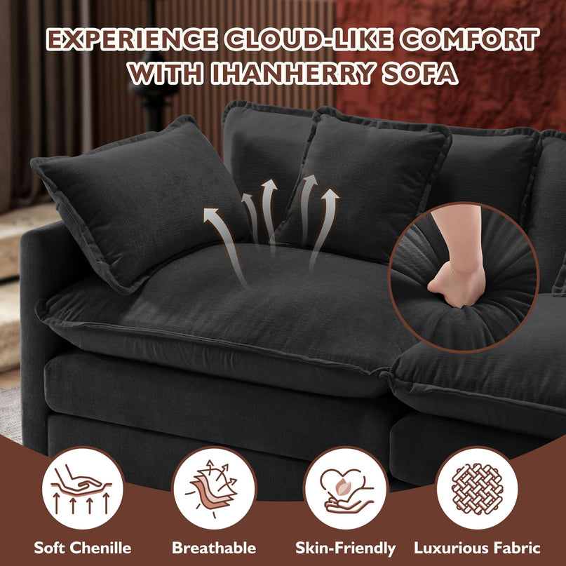 Ihanherry 111.4" L Shaped Modern Sofa Modular Sectional Cloud Couch with Ottoman, 4-Seat Chenille Deep Seat Sofa with Pillow for Living Room, Bedroom and Apartment, Beige LeafyLoom