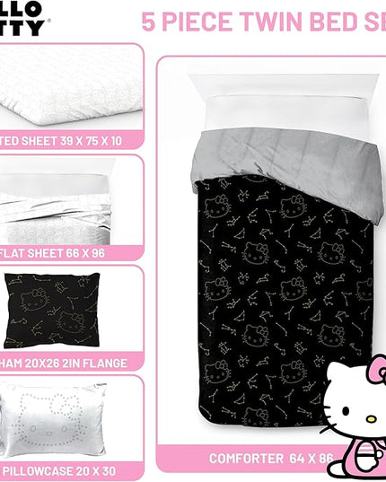 Jay Franco Hello Kitty Stars Twin Comforter Set - 5 Piece Bedding includes Sheet Set & Pillow Covers - Super Soft Zodiac Black & Gold Bedding - LeafyLoom