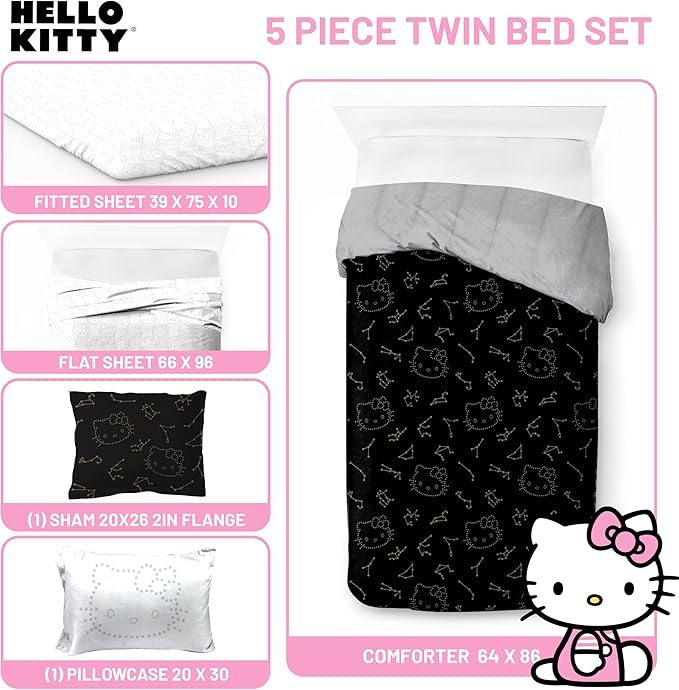 Jay Franco Hello Kitty Stars Twin Comforter Set - 5 Piece Bedding includes Sheet Set & Pillow Covers - Super Soft Zodiac Black & Gold Bedding - LeafyLoom