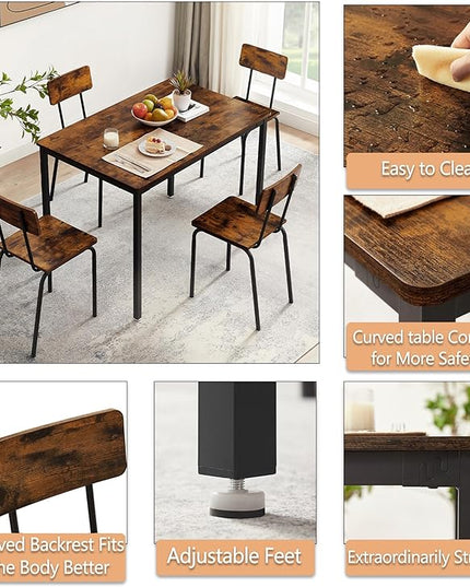 Dining Table Set for 4, 5-Piece Set Industrial Metal Wood 43.3" Kitchen Dining Table with 4 Dining Chairs, Indoor Modern Furniture Set for Dining Room, Dinette, Breakfast Nook, Rustic Brown - LeafyLoom