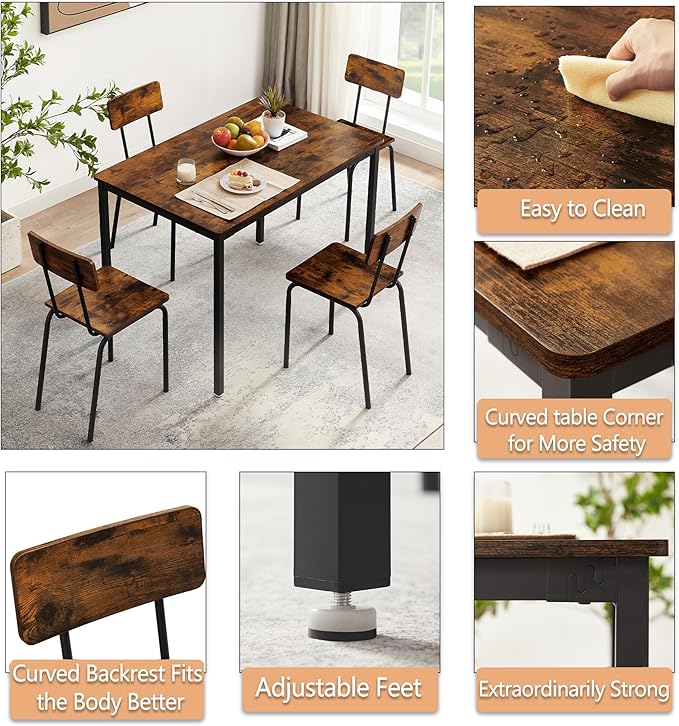 Dining Table Set for 4, 5-Piece Set Industrial Metal Wood 43.3" Kitchen Dining Table with 4 Dining Chairs, Indoor Modern Furniture Set for Dining Room, Dinette, Breakfast Nook, Rustic Brown - LeafyLoom