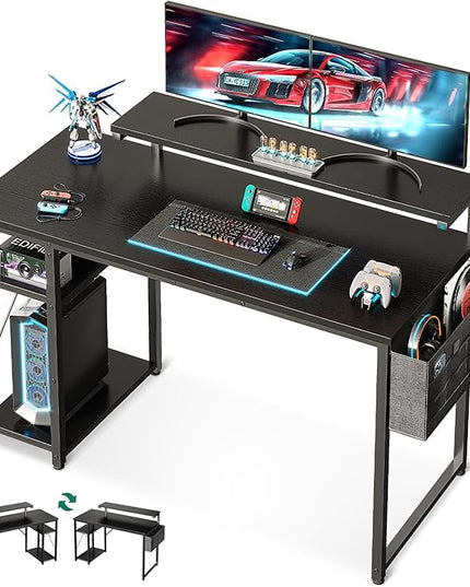 KKL 48 inch Small Computer Desk with Adjustable Monitor Stand, Home Office Desk & Workstation with Storage Shelves, Reversible Work Writing Study Table for Bedroom, Black - LeafyLoom