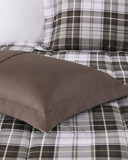 Madison Park Essentials Parkston Plaid Comforter, Matching Sham, 3M Scotchguard Stain Release Cover, Hypoallergenic All Season Bedding-Set, Twin/ Twin XL, Brown, 2 Piece - LeafyLoom