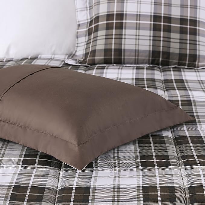 Madison Park Essentials Parkston Plaid Comforter, Matching Sham, 3M Scotchguard Stain Release Cover, Hypoallergenic All Season Bedding-Set, Twin/ Twin XL, Brown, 2 Piece - LeafyLoom