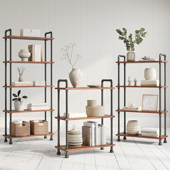 Barnyard Designs Rustic Industrial Bookshelf - Real Pine Wood with Sturdy Metal Frame - Tier Bookcase for Displaying Decor - No Tools Required Assembly (5-Shelf) - LeafyLoom