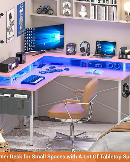 armocity L Shaped Computer Desk with Power Outlets, Gaming Desk L Shaped with LED Lights, Corner Desk with Storage Shelves, Work Study Desk for Bedroom, Home Office Small Spaces, 47'', Pink - LeafyLoom