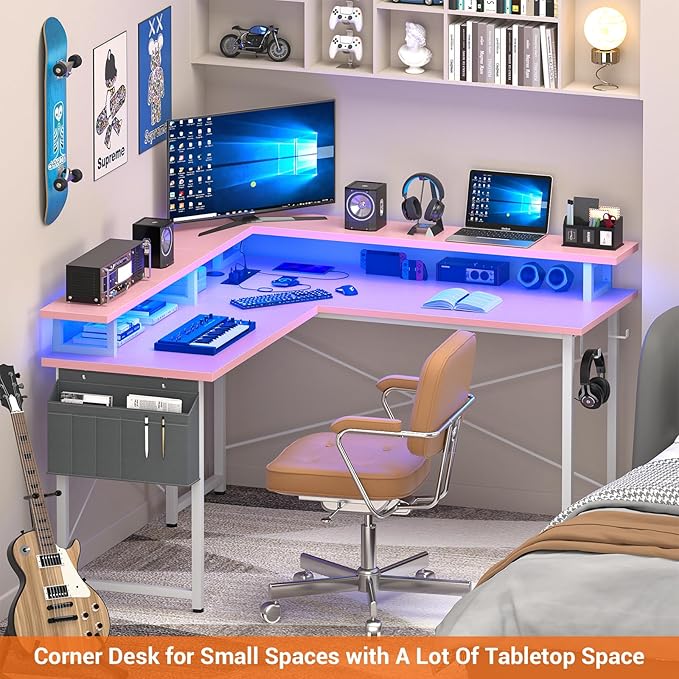 armocity L Shaped Computer Desk with Power Outlets, Gaming Desk L Shaped with LED Lights, Corner Desk with Storage Shelves, Work Study Desk for Bedroom, Home Office Small Spaces, 47'', Pink - LeafyLoom