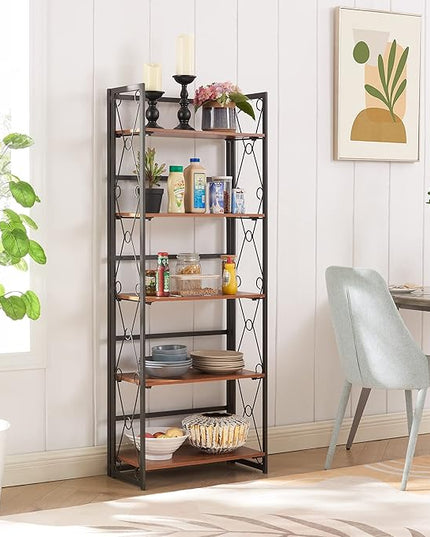 VECELO Folding Bookshelf,5 Tier Bookcase Foldable Easy Assembly, Industrial Book Shelf Storage Organizer with X Metal Frame and Anti-Toppling Design, - LeafyLoom