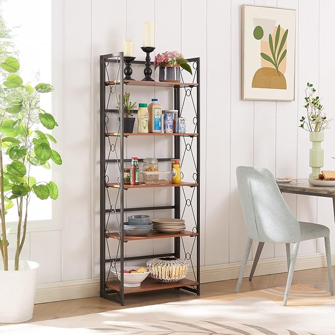 VECELO Folding Bookshelf,5 Tier Bookcase Foldable Easy Assembly, Industrial Book Shelf Storage Organizer with X Metal Frame and Anti-Toppling Design, - LeafyLoom