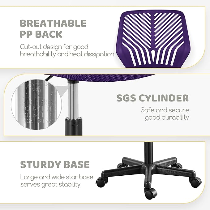Yaheetech Students Cute Desk Chair Low-Back Armless Study Chair w/Lumbar Support Adjustable Swivel Chair in Home Bedroom School, Purple - LeafyLoom
