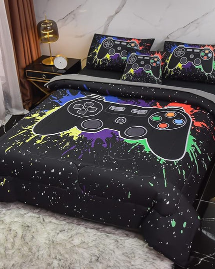 6Pcs Gamer Comforter Set with Sheets for Boys Girls Kids Teens, Colorful Graffiti Gaming Themed Bed in A Bag Full Size, Black 3D Video Game Controller Bedroom Decor Bedding Set - LeafyLoom