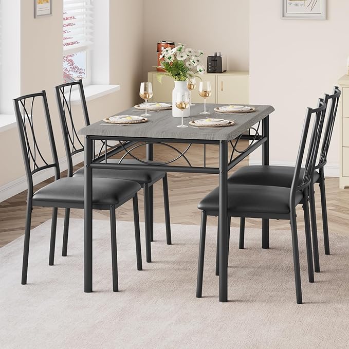 Kitchen Table and Chairs for 4, Dining Table Set for 4 with Upholstered Chairs, Kitchen Table Set Metal and Wood Rectangular Dining Table Set for Small Space, Apartment, Breakfast, Retro Gray - LeafyLoom