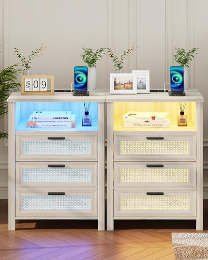 Rattan Nightstands Set of 2 with Charging Station, Night Stand with 3 Drawers and Open Shelf, Bedside Table with LED Lights for Bedroom, Living Room, Grey - LeafyLoom