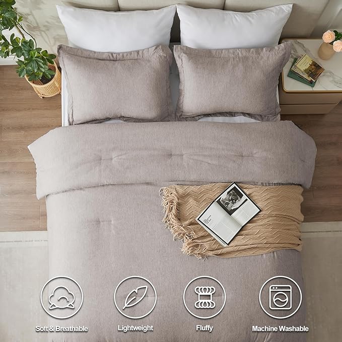 CozyLux King Size Comforter Set - 3 Pieces Linen Soft Luxury Cationic Dyeing Bedding Comforter for All Season, Breathable Lightweight Fluffy Boho Bed Sets with 1 Comforter and 2 Pillow Shams - LeafyLoom