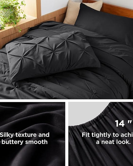 BEDSURE TwinXL Comforter Set with Sheets - 6 Pieces TwinXL Bedding Sets, Pinch Pleat Black Bed in a Bag with Comforters, Sheets & Skirt, Pillowcase & Sham, Kids Bedding Set - LeafyLoom