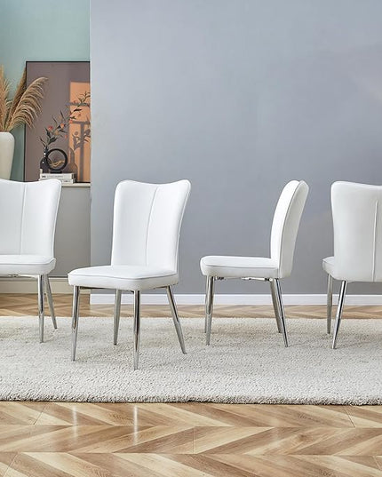 Modern Dining Chairs Set of 4, PU Leather Seat Cushions White Dining Room Chair, with Silver Metal Legs Kitchen Chair for Home Living Room, Restaurant - LeafyLoom