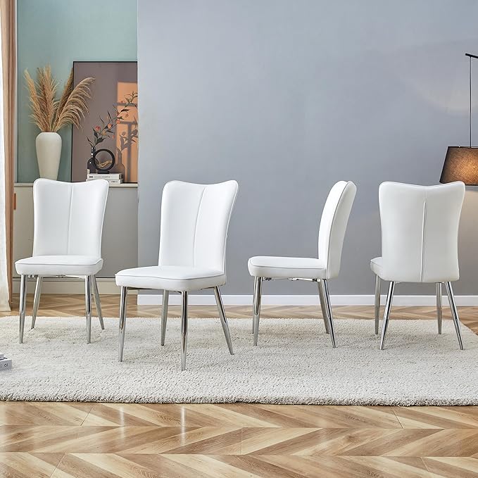 Modern Dining Chairs Set of 4, PU Leather Seat Cushions White Dining Room Chair, with Silver Metal Legs Kitchen Chair for Home Living Room, Restaurant - LeafyLoom