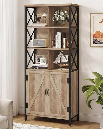 FATORRI Bookshelf with Doors, Rustic Tall Bookshelf with Cabinet, Industrial Farmhouse Book Shelf and Cube Organizer Bookcase for Living Room (Rustic Oak) - LeafyLoom