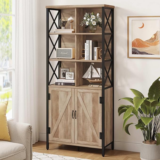 FATORRI Bookshelf with Doors, Rustic Tall Bookshelf with Cabinet, Industrial Farmhouse Book Shelf and Cube Organizer Bookcase for Living Room (Rustic Oak) - LeafyLoom