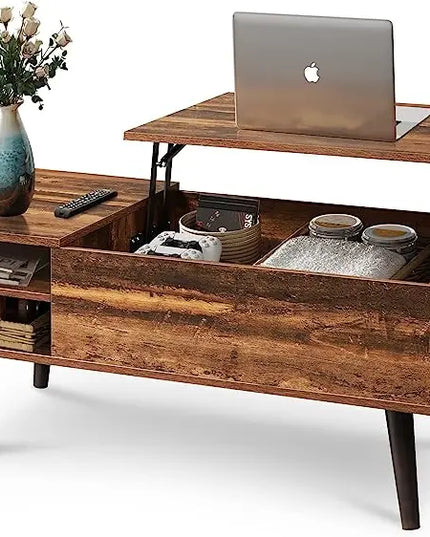 WLIVE Wood Lift Top Coffee Table with Hidden Compartment and Adjustable Storage Shelf, Lift Tabletop Dining Table for Home Living Room, Office, Rustic Oak - LeafyLoom