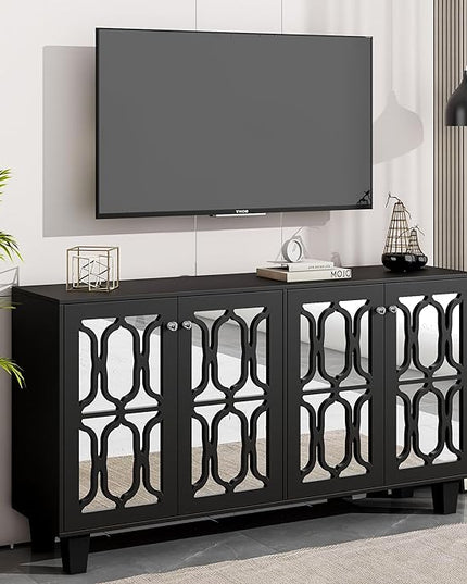 NicBex TV Stand for 65 Inch TV Modern TV Media Console Table with Adjustable Shelves, 4-Door Mirror Hollow-Carved,Entertainment Center with Storage for Living Room,63 Inch,Black - LeafyLoom