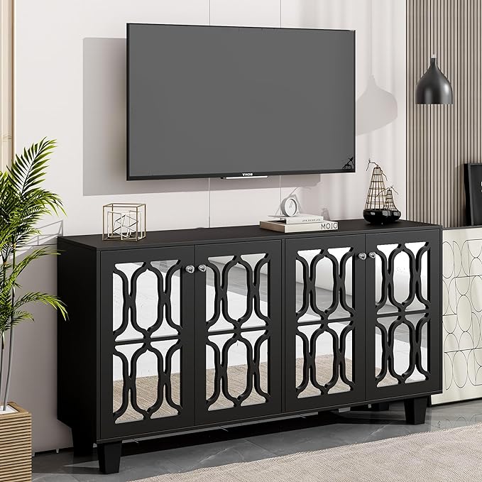 NicBex TV Stand for 65 Inch TV Modern TV Media Console Table with Adjustable Shelves, 4-Door Mirror Hollow-Carved,Entertainment Center with Storage for Living Room,63 Inch,Black - LeafyLoom