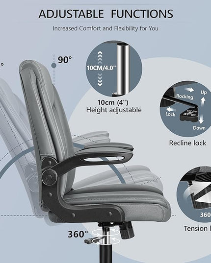 Office Chair Ergonomic Computer Desk Chair, Executive Leather Office Chair with Adjustable Flip-up Armrests Height, Swivel Task Chair with Lumbar Support Rocking Function for Home Office(Gray) - LeafyLoom