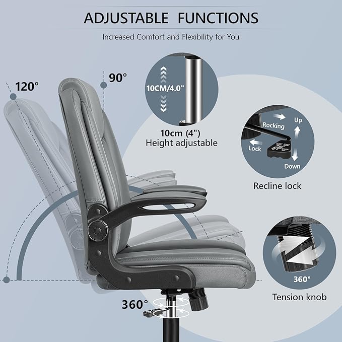 Office Chair Ergonomic Computer Desk Chair, Executive Leather Office Chair with Adjustable Flip-up Armrests Height, Swivel Task Chair with Lumbar Support Rocking Function for Home Office(Gray) - LeafyLoom
