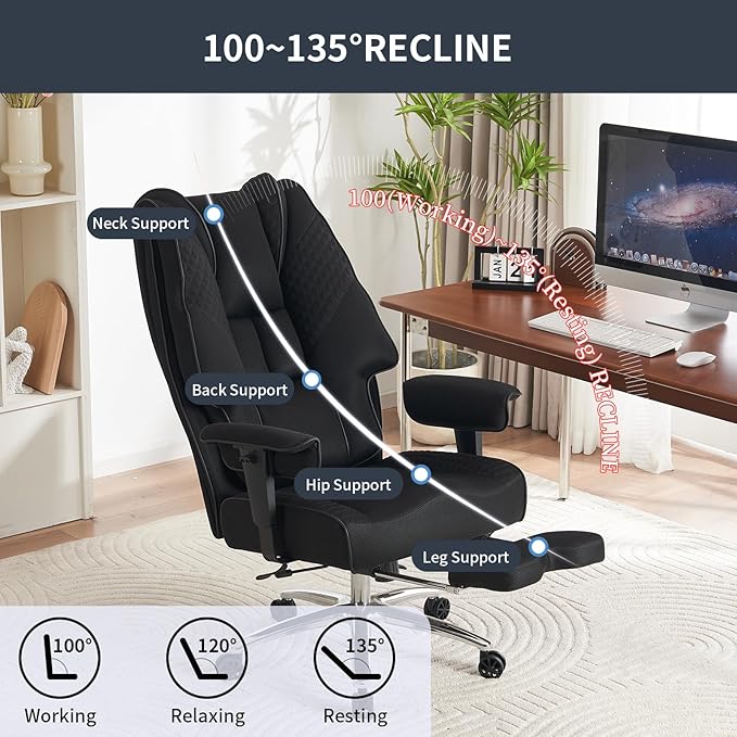 Big and Tall Office Chair 400lbs Wide Seat, Mesh High Back Executive Office Chair with Foot Rest, Ergonomic Office Chair Lumbar Support for Lower Back Pain Relief (Mesh Black) - LeafyLoom