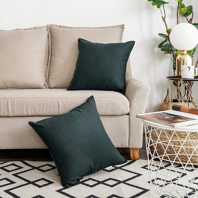 Jeanerlor Pack of 2 24 x 24 Inch Cotton Linen Soft Soild Decorative Square Throw Pillow Covers Green Cushion Case Set for Bedroom/Sofa/Car 60 x 60 cm, Dark Green - LeafyLoom