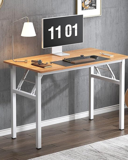 Need 39.4 inches Computer Desk for Small Space Small Folding Table Small Writing Desk Compact Desk Foldable Desk with BIFMA Certification, No Install Needed, Teak and White - LeafyLoom