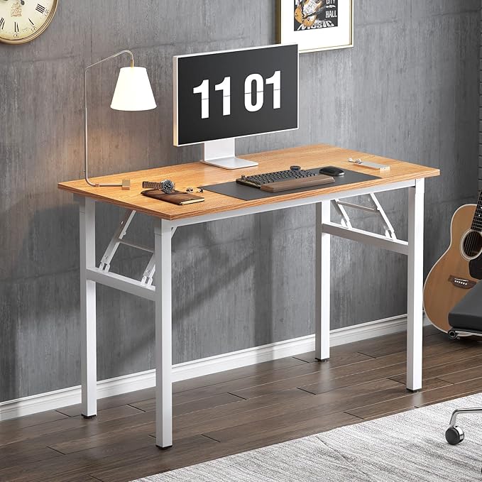 Need 39.4 inches Computer Desk for Small Space Small Folding Table Small Writing Desk Compact Desk Foldable Desk with BIFMA Certification, No Install Needed, Teak and White - LeafyLoom