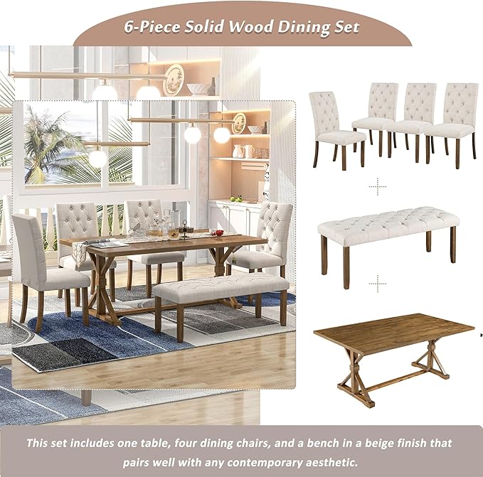 6-Piece Farmhouse Rectangular 72" Wood Dining Table Set with 4 Upholstered Chairs and a Bench, Easy to Assemble, for Kitchen, Home Bar & Living Room, Walnut+Beige - LeafyLoom