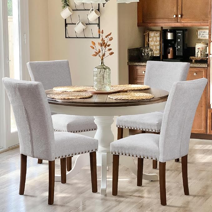 COLAMY Upholstered Parsons Dining Chairs Set of 4, Fabric Dining Room Kitchen Side Chair with Nailhead Trim and Wood Legs - Light Grey - LeafyLoom