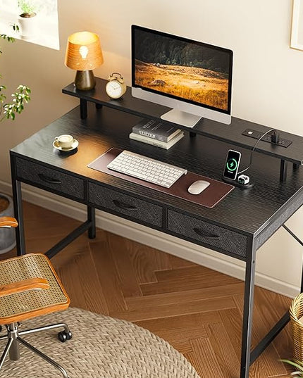 47 inch Computer Desk with 3 Drawers, Office Desk Gaming Desk with LED Lights & Power Outlets, Home Office Desks with Storage Space for Bedroom, Work from Home, Black - LeafyLoom