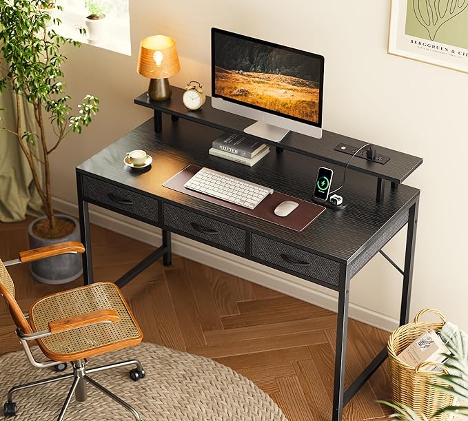 47 inch Computer Desk with 3 Drawers, Office Desk Gaming Desk with LED Lights & Power Outlets, Home Office Desks with Storage Space for Bedroom, Work from Home, Black - LeafyLoom