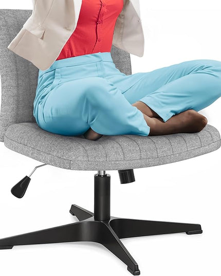 Criss Cross Chair - Wide Armless Desk Chair No Wheels, Cross Legged Office Chair, Adjustable Modern 360 Swivel Vanity, Fabric Padded,120° Rocking Ergonomic Mid Back Computer Task Chair - Grey - LeafyLoom